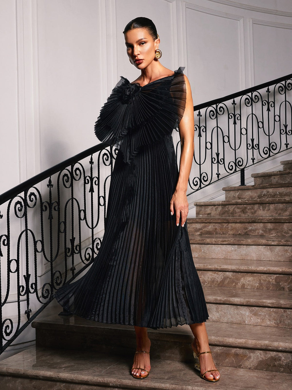 Pleated Fan Collar Rosette Detail Sleeveless Column Maxi Gown