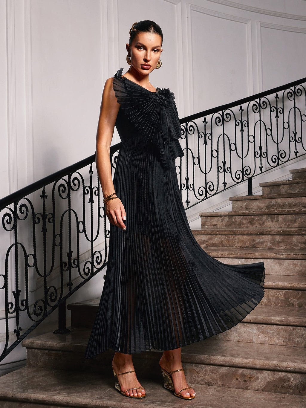 Pleated Fan Collar Rosette Detail Sleeveless Column Maxi Gown