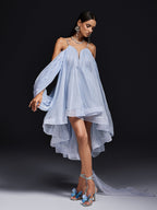 Chiffon Spaghetti Strap Plunging V-Neck Cape Sleeve High Low Mini Dress