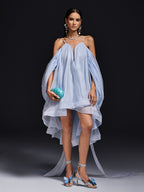 Chiffon Spaghetti Strap Plunging V-Neck Cape Sleeve High Low Mini Dress