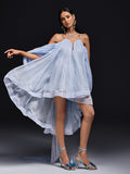Chiffon Spaghetti Strap Plunging V-Neck Cape Sleeve High Low Mini Dress