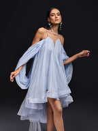 Chiffon Spaghetti Strap Plunging V-Neck Cape Sleeve High Low Mini Dress