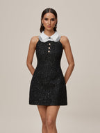 Sequin Boucle Peter Pan Collar Pearl Button A-Line Mini Dress