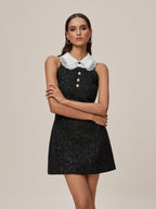 Sequin Boucle Peter Pan Collar Pearl Button A-Line Mini Dress