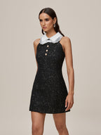 Sequin Boucle Peter Pan Collar Pearl Button A-Line Mini Dress