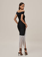 Off Shoulder Bandage Rhinestone Diagonal Fringe Trim Asymmetric Hem Midi Dress