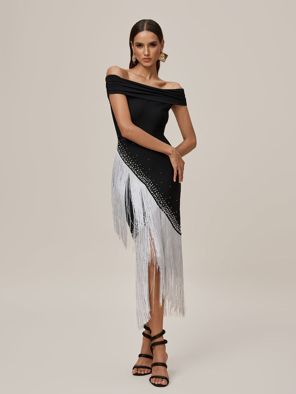 Off Shoulder Bandage Rhinestone Diagonal Fringe Trim Asymmetric Hem Midi Dress