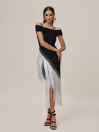 Off Shoulder Bandage Rhinestone Diagonal Fringe Trim Asymmetric Hem Midi Dress