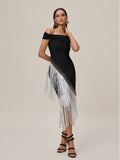 Off Shoulder Bandage Rhinestone Diagonal Fringe Trim Asymmetric Hem Midi Dress