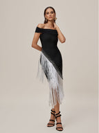 Off Shoulder Bandage Rhinestone Diagonal Fringe Trim Asymmetric Hem Midi Dress