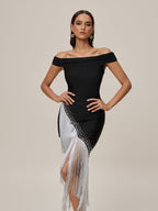 Off Shoulder Bandage Rhinestone Diagonal Fringe Trim Asymmetric Hem Midi Dress