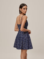 Spaghetti Strap V-Neck Lace Floral Print Tiered Fit and Flare Mini Dress