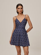 Spaghetti Strap V-Neck Lace Floral Print Tiered Fit and Flare Mini Dress