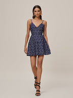 Spaghetti Strap V-Neck Lace Floral Print Tiered Fit and Flare Mini Dress