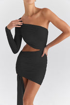 One Sleeve Mesh Cut Out Ruched Asymmetric Mini Dress