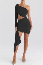 One Sleeve Mesh Cut Out Ruched Asymmetric Mini Dress