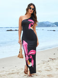 One Shoulder Floral Slit Hem Bodycon Dress