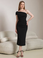 One Shoulder Ruched Solid Midi Dress