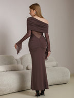 One Shoulder Spliced Ruched Trim Mermaid Mesh Dress
