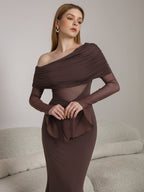 One Shoulder Spliced Ruched Trim Mermaid Mesh Dress