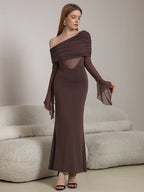 One Shoulder Spliced Ruched Trim Mermaid Mesh Dress