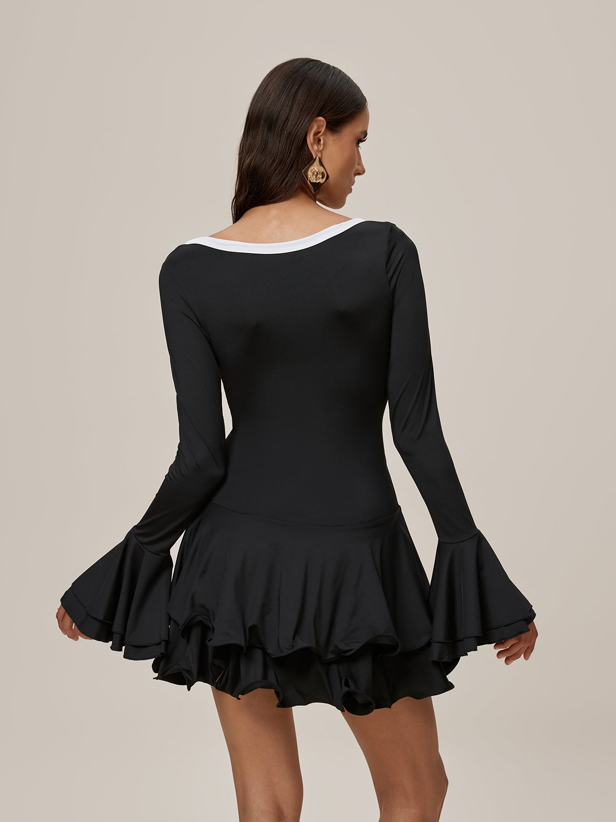 V-Neck Contrast Trim Button Front Bell Sleeve Tiered Ruffle Mini Dress