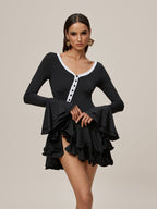 V-Neck Contrast Trim Button Front Bell Sleeve Tiered Ruffle Mini Dress