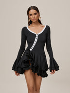 V-Neck Contrast Trim Button Front Bell Sleeve Tiered Ruffle Mini Dress