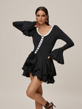 V-Neck Contrast Trim Button Front Bell Sleeve Tiered Ruffle Mini Dress