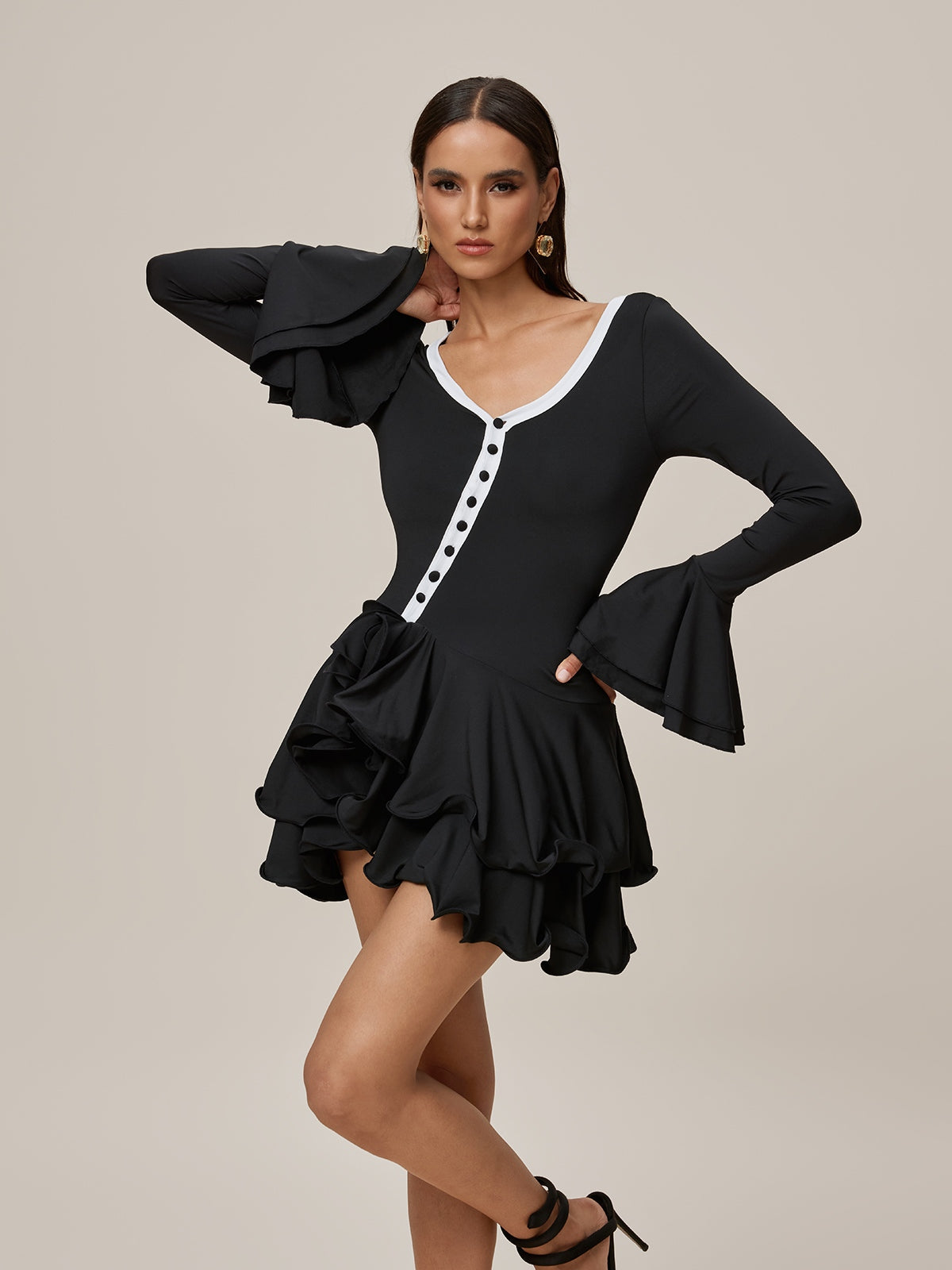 V-Neck Contrast Trim Button Front Bell Sleeve Tiered Ruffle Mini Dress