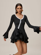 V-Neck Contrast Trim Button Front Bell Sleeve Tiered Ruffle Mini Dress