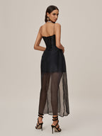 Spaghetti Strap Corset Ruffle Bust Sheer Tulle Front Split Overlay Maxi Dress