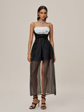 Spaghetti Strap Corset Ruffle Bust Sheer Tulle Front Split Overlay Maxi Dress
