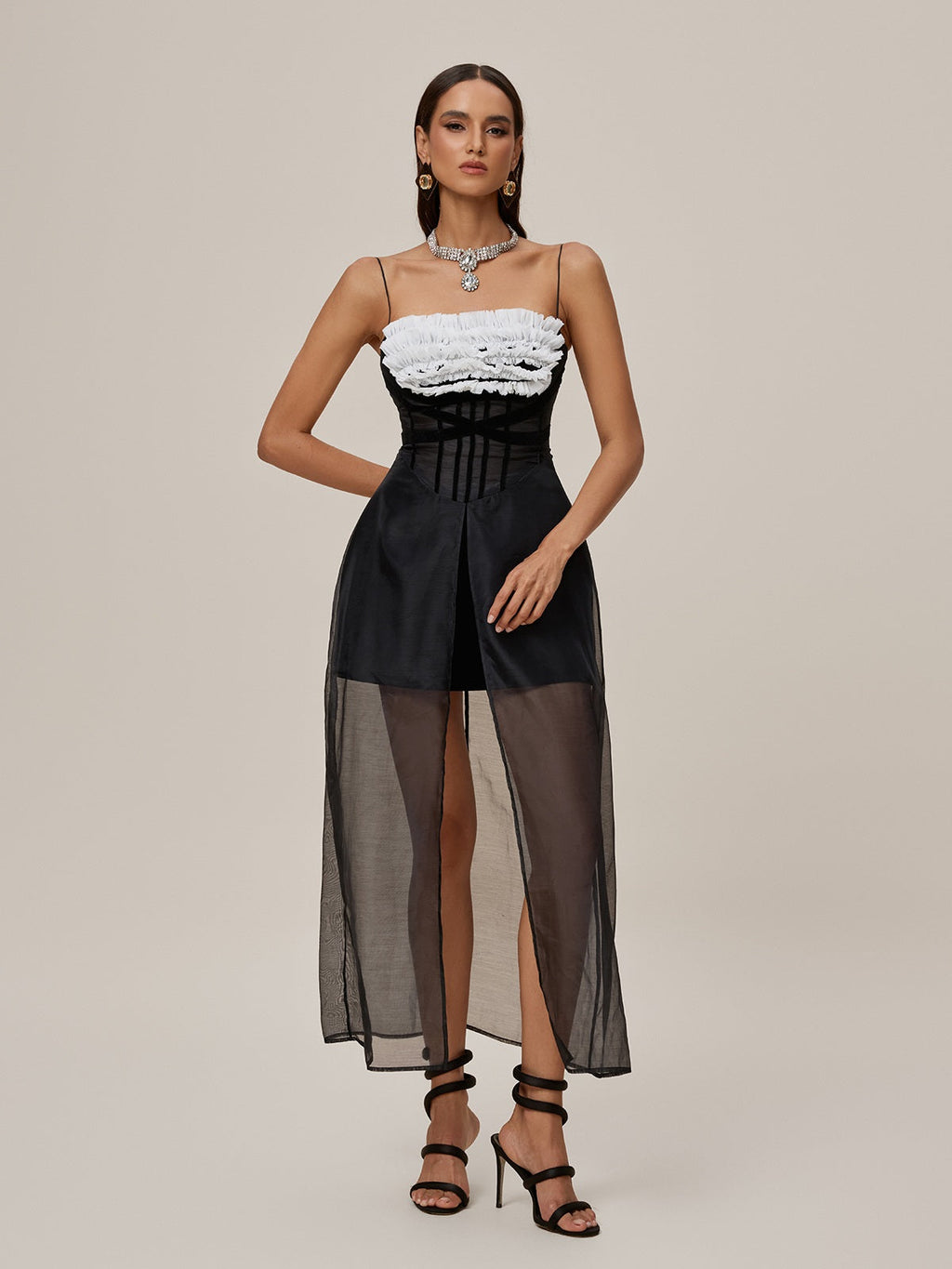 Spaghetti Strap Corset Ruffle Bust Sheer Tulle Front Split Overlay Maxi Dress