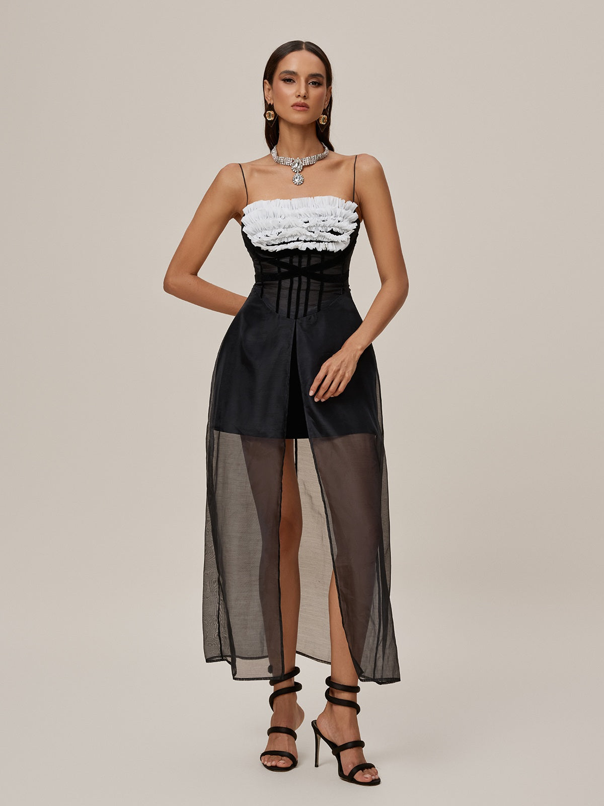 Spaghetti Strap Corset Ruffle Bust Sheer Tulle Front Split Overlay Maxi Dress