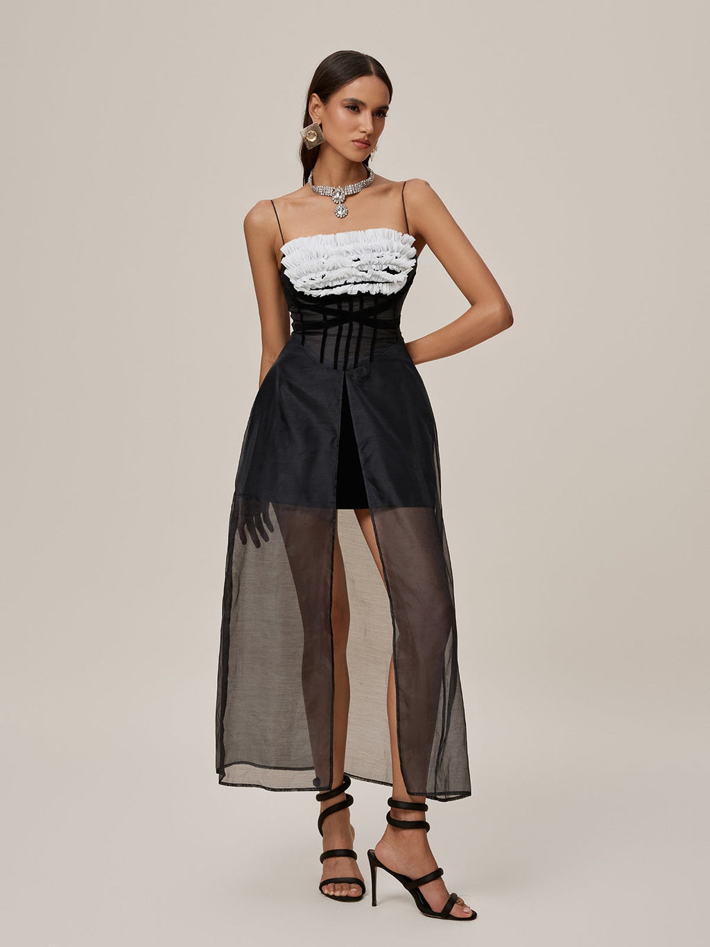 Spaghetti Strap Corset Ruffle Bust Sheer Tulle Front Split Overlay Maxi Dress