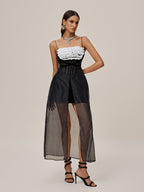 Spaghetti Strap Corset Ruffle Bust Sheer Tulle Front Split Overlay Maxi Dress
