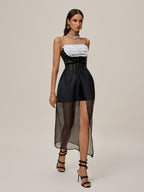 Spaghetti Strap Corset Ruffle Bust Sheer Tulle Front Split Overlay Maxi Dress