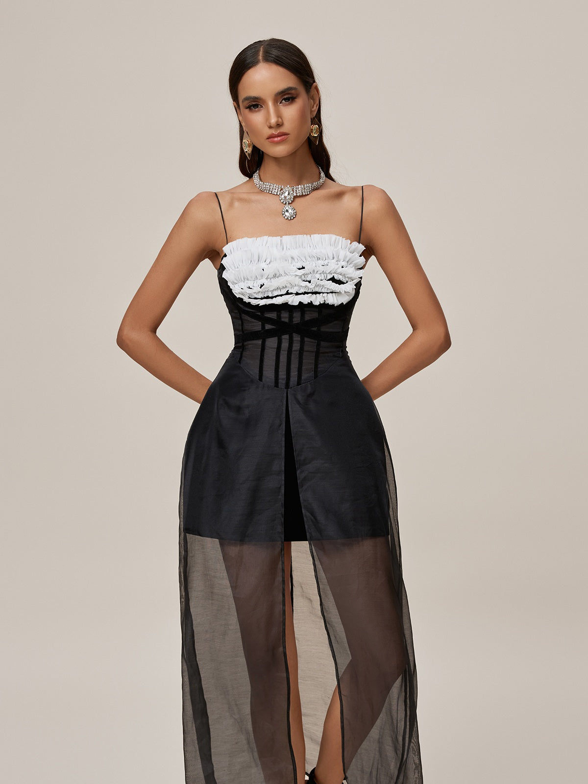 Spaghetti Strap Corset Ruffle Bust Sheer Tulle Front Split Overlay Maxi Dress