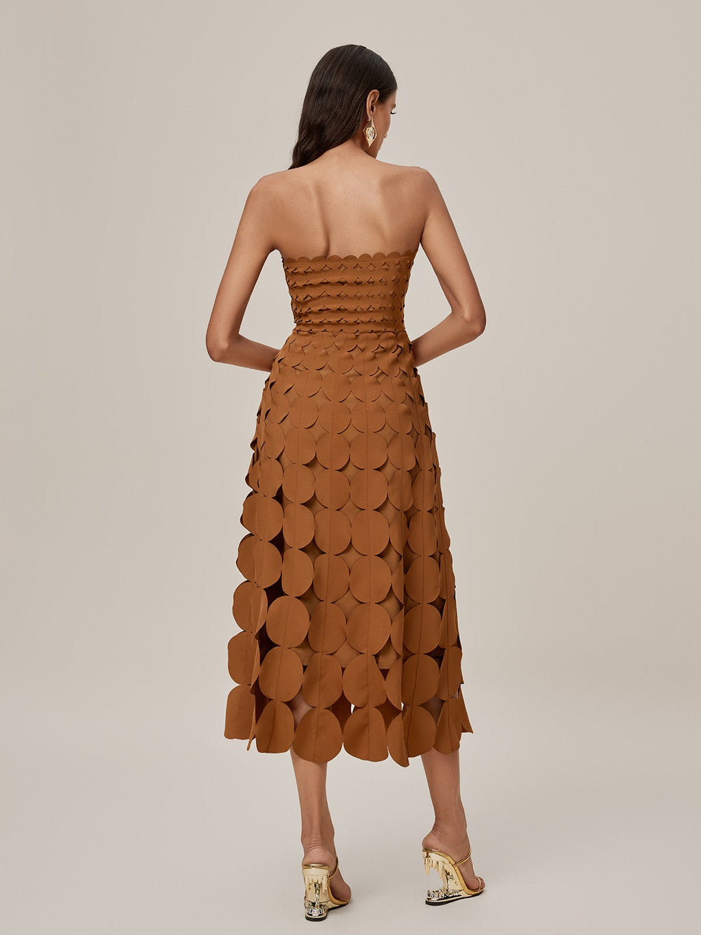 Strapless Laser Cut Circular Applique Scalloped Neckline Midi Dress