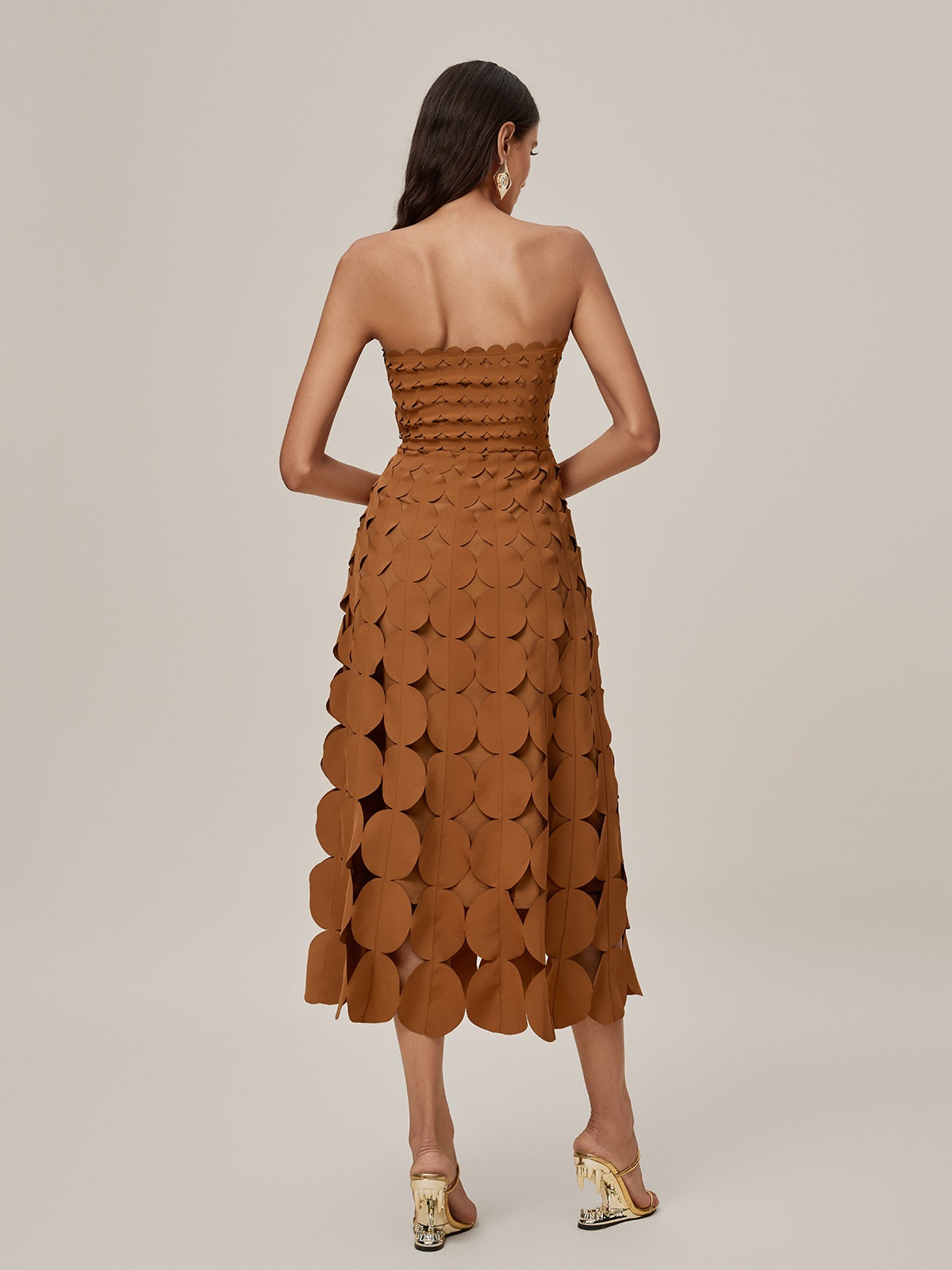 Strapless Laser Cut Circular Applique Scalloped Neckline Midi Dress