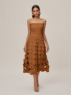 Strapless Laser Cut Circular Applique Scalloped Neckline Midi Dress
