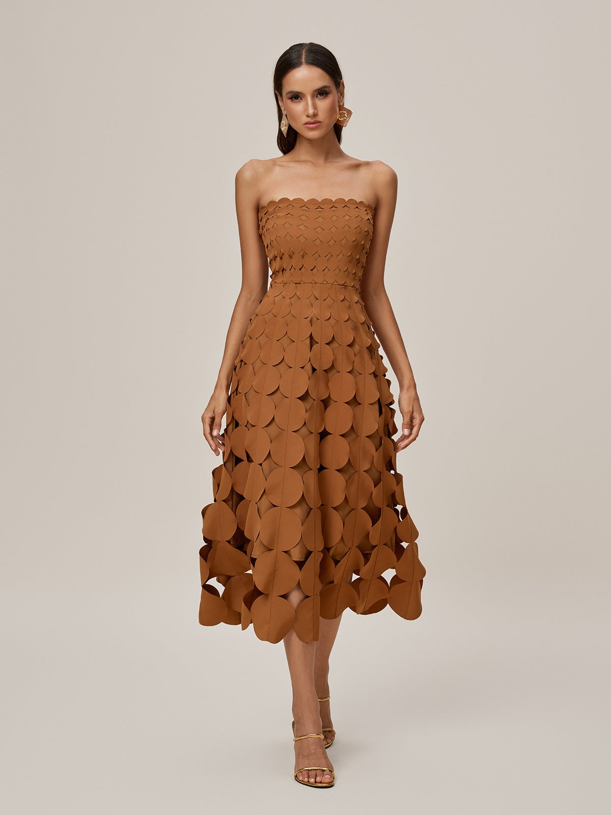 Strapless Laser Cut Circular Applique Scalloped Neckline Midi Dress