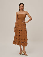 Strapless Laser Cut Circular Applique Scalloped Neckline Midi Dress