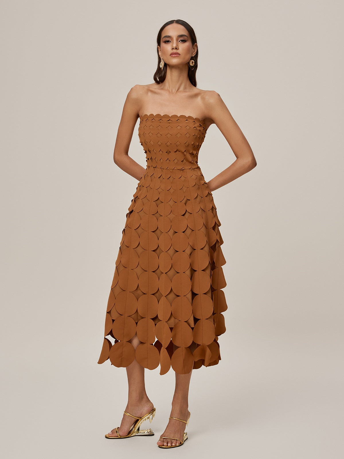 Strapless Laser Cut Circular Applique Scalloped Neckline Midi Dress