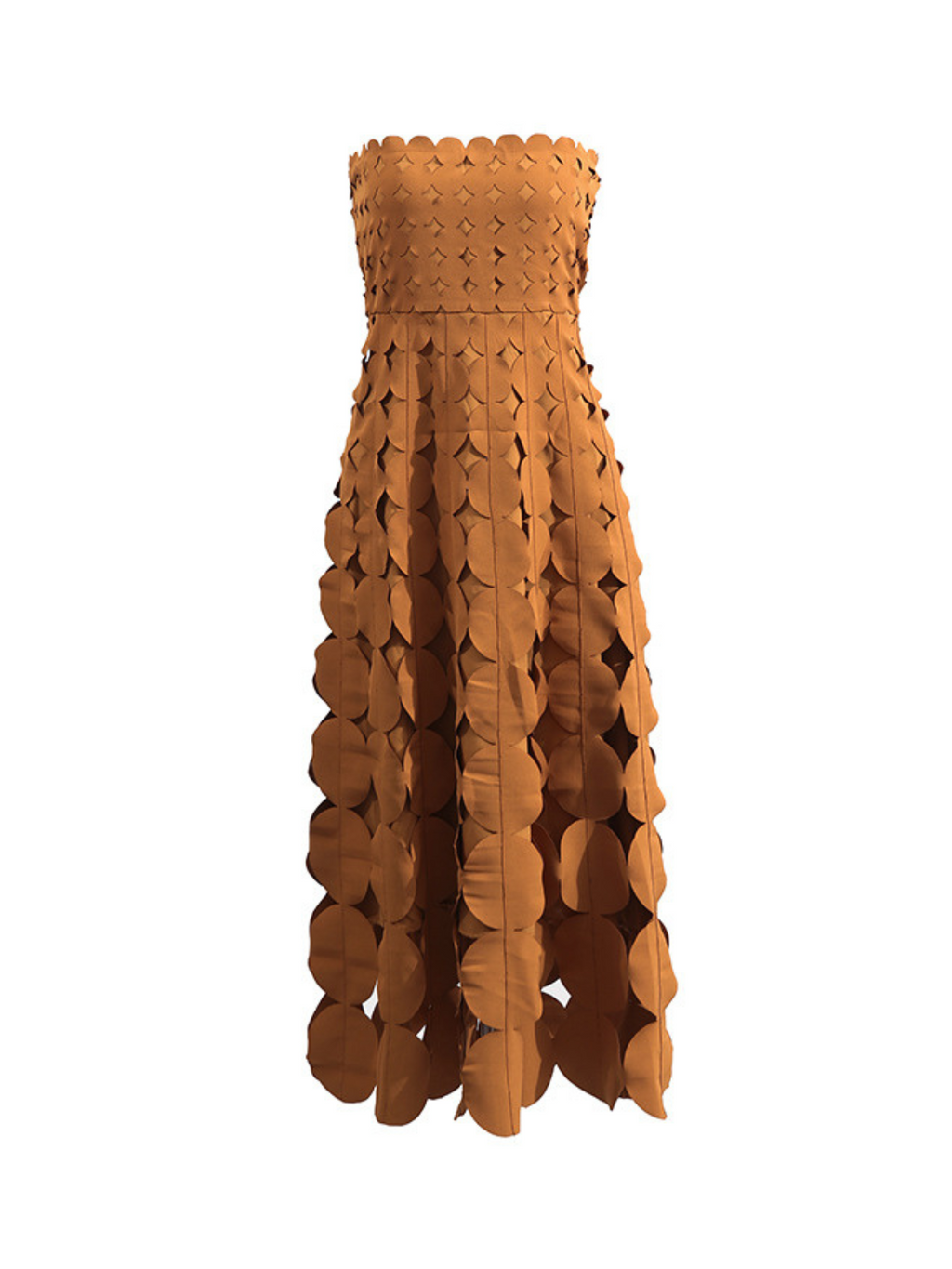 Strapless Laser Cut Circular Applique Scalloped Neckline Midi Dress