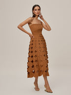 Strapless Laser Cut Circular Applique Scalloped Neckline Midi Dress