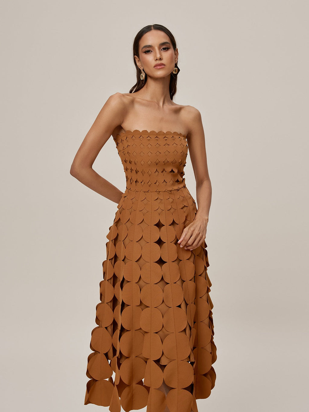 Strapless Laser Cut Circular Applique Scalloped Neckline Midi Dress