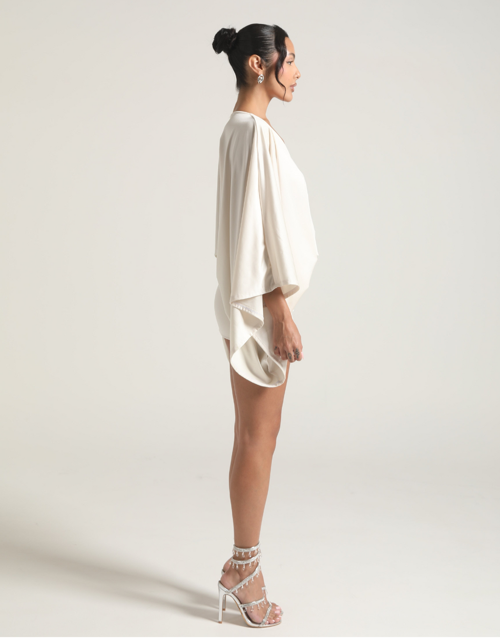 Deep V Neck Cape Sleeve Ruched Skirt Bodycon Mini Dress
