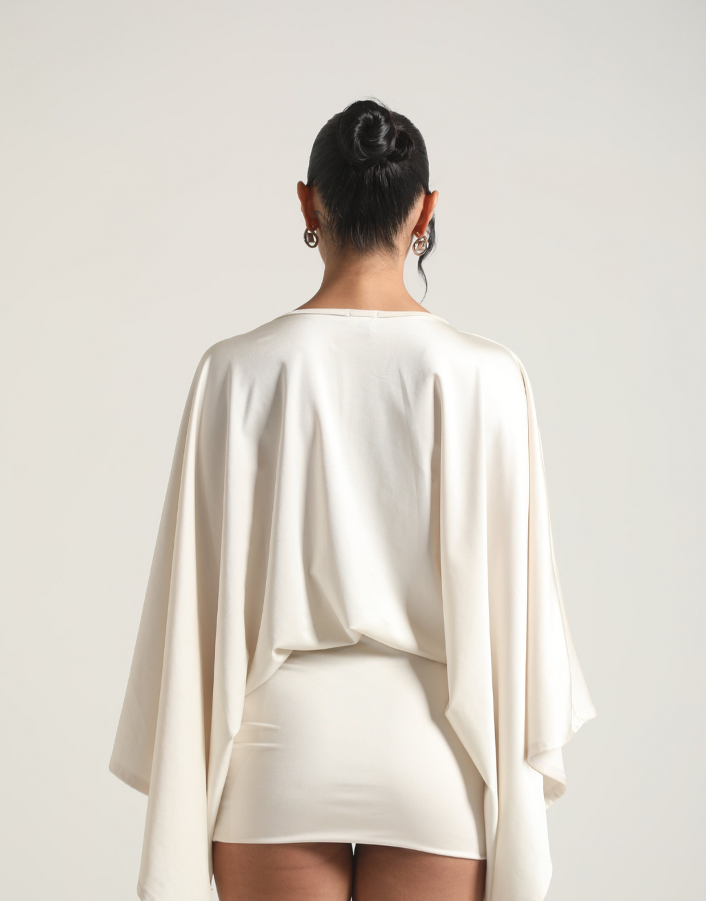 Deep V Neck Cape Sleeve Ruched Skirt Bodycon Mini Dress